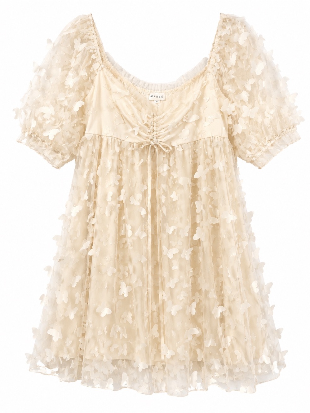 MABLE Sunshine Butterfly Appliqué Babydoll Mini Dress – Ivory/Cream - Size M